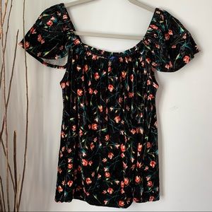 Blue Rain Top Romantic Off the Shoulder Floral Womens Size Small